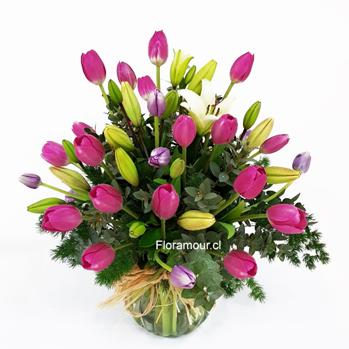 Florero Pecera de 25 Tulipanes y Liliums. Colores pueden variar según la importación. Solo Santiago